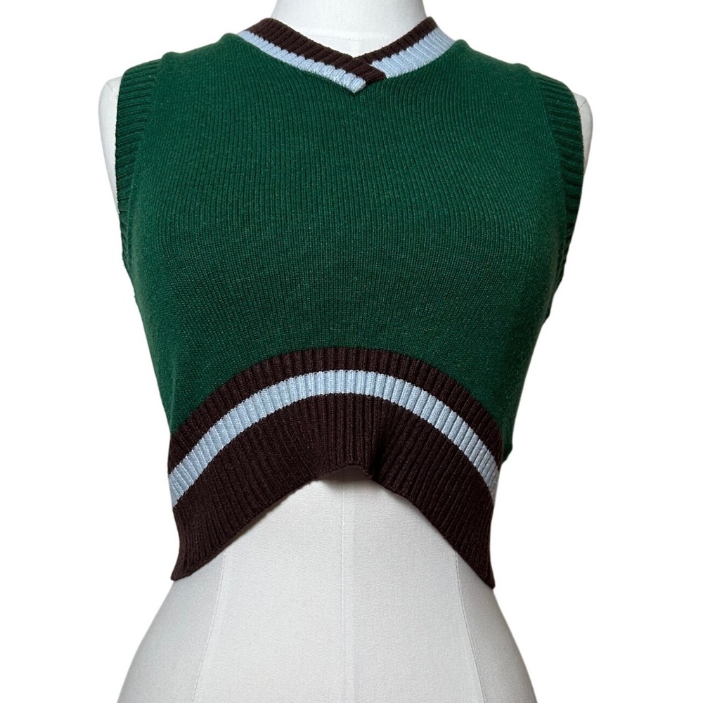 BDG Preppy Green Brown Striped V Neck‎ Cropped Sweater Vest Extra Small